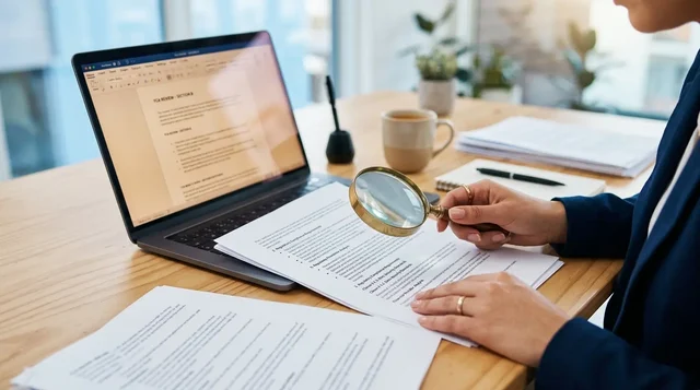 Conceptual illustration of reviewing financial documents beside a laptop