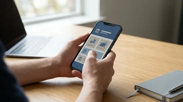 Conceptual illustration of viewing a banking interface on a smartphone