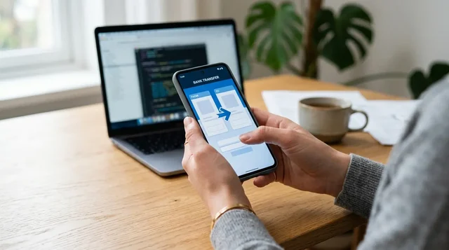Conceptual illustration of using a banking interface on a smartphone