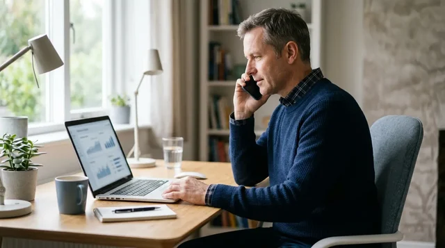 Illustration of a man receiving phone guidance while using a laptop