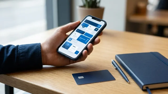 Conceptual illustration of a banking interface on a smartphone beside an unbranded payment card