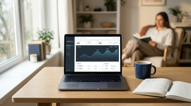 Conceptual illustration of a person using a simple financial interface on a tablet