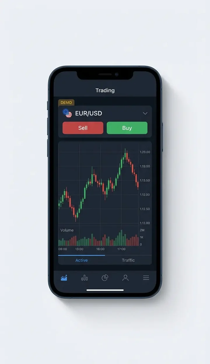 Illustrative smartphone showing a demo trading interface with a EUR/USD price chart